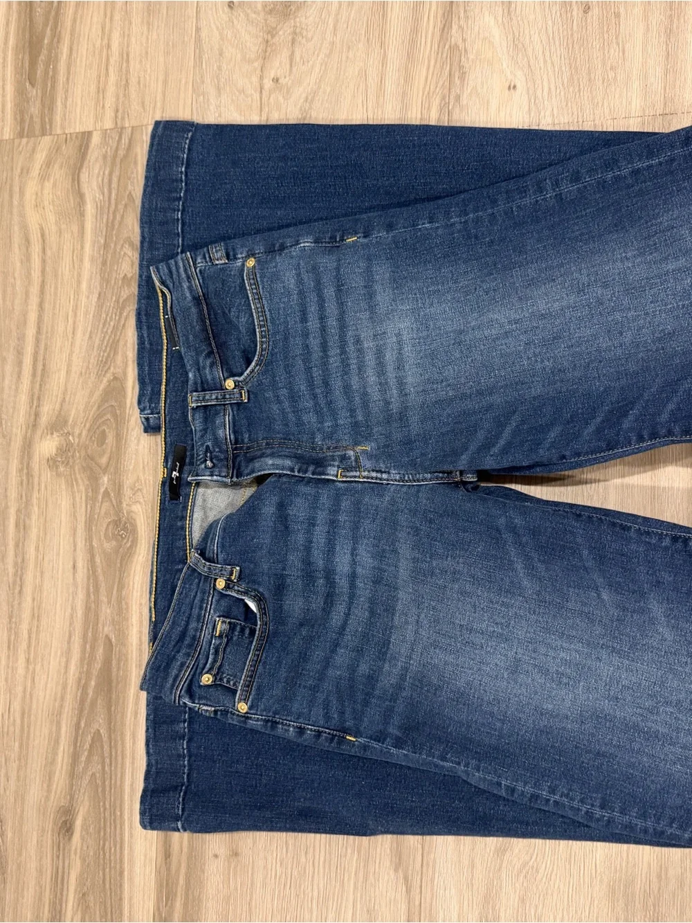 7 For All Mankind Dark Blue Bootcut Jeans with Yellow Pocket Stitching